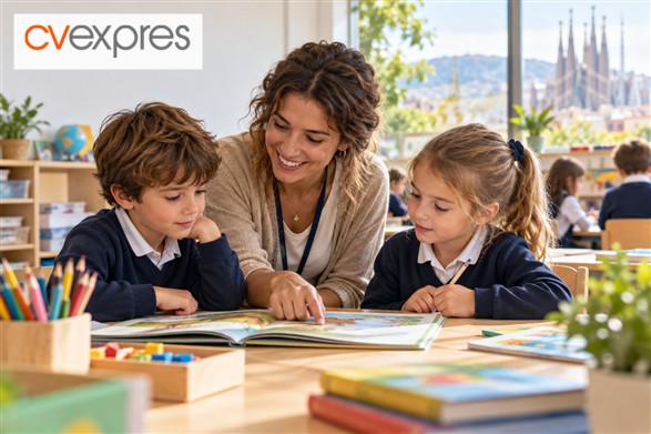 Auxiliar educativo apoyando a alumnos en un colegio de Barcelona